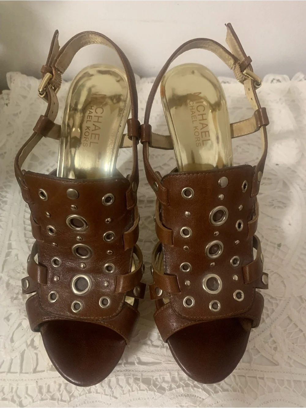 Michael Kors Laci Cork Heel Gold Rivets Ankle Buckle Size 7 1/2 MK Heel Monogram